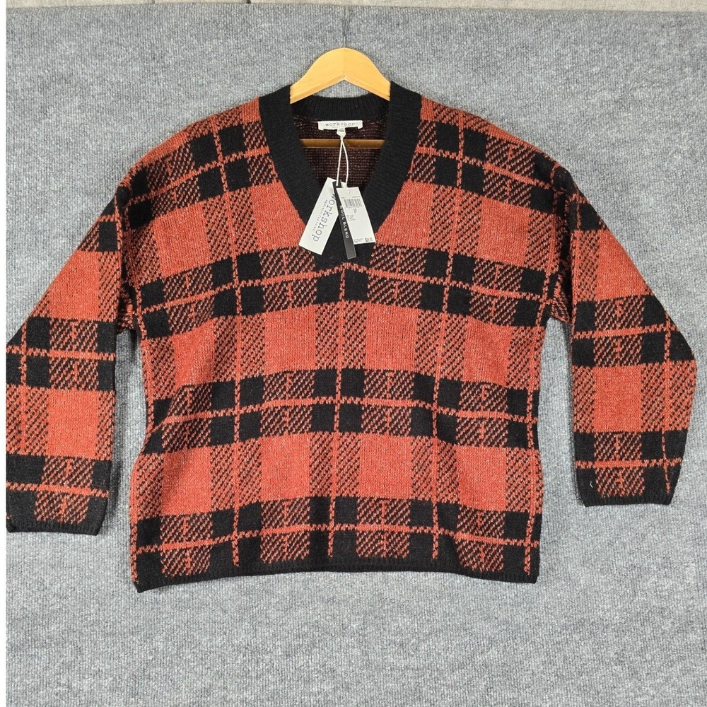 Workshop Republic Clothing‎ Plaid V Neck Wool Blend Sweater Rust Black Size L